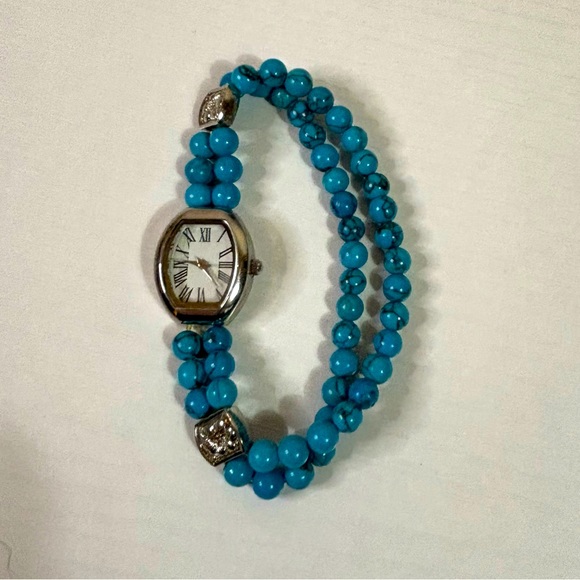 Turquoise Blue and Silver Beaded Bracelet Watch - Picture 1 of 2